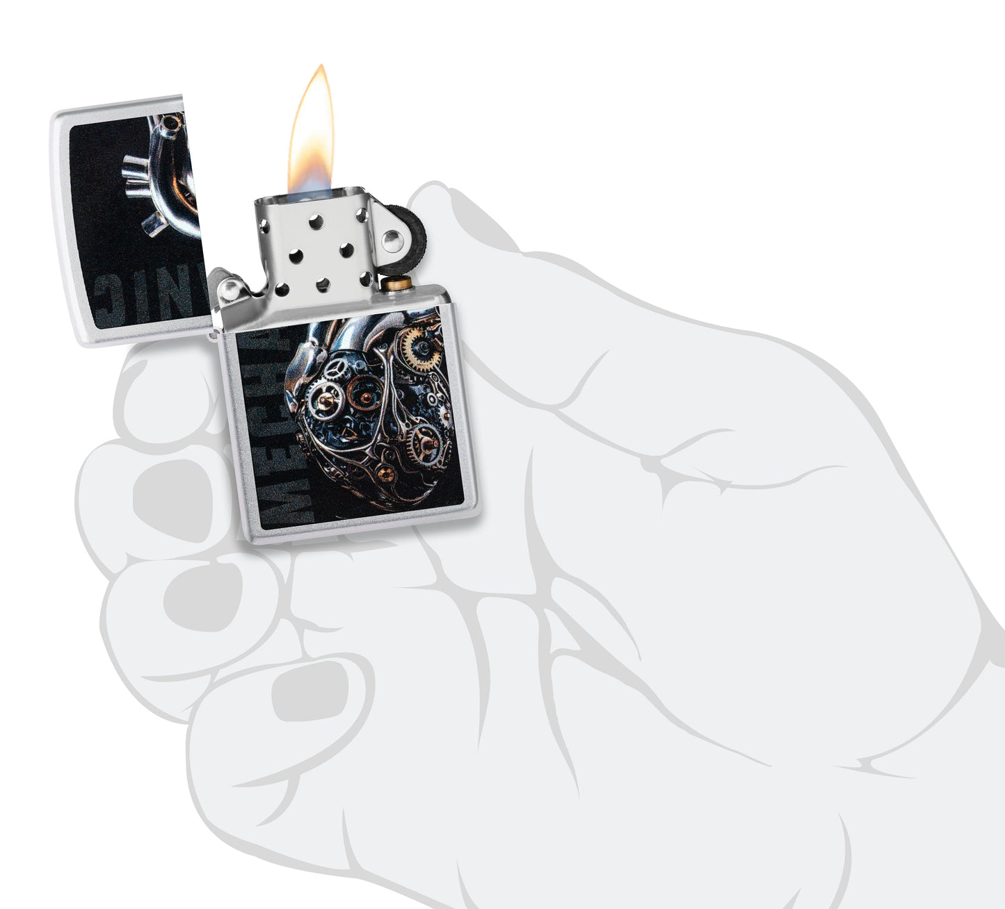 Zippo  Mechanical Heart Design Satin Chrome Windproof Lighter lit in hand.