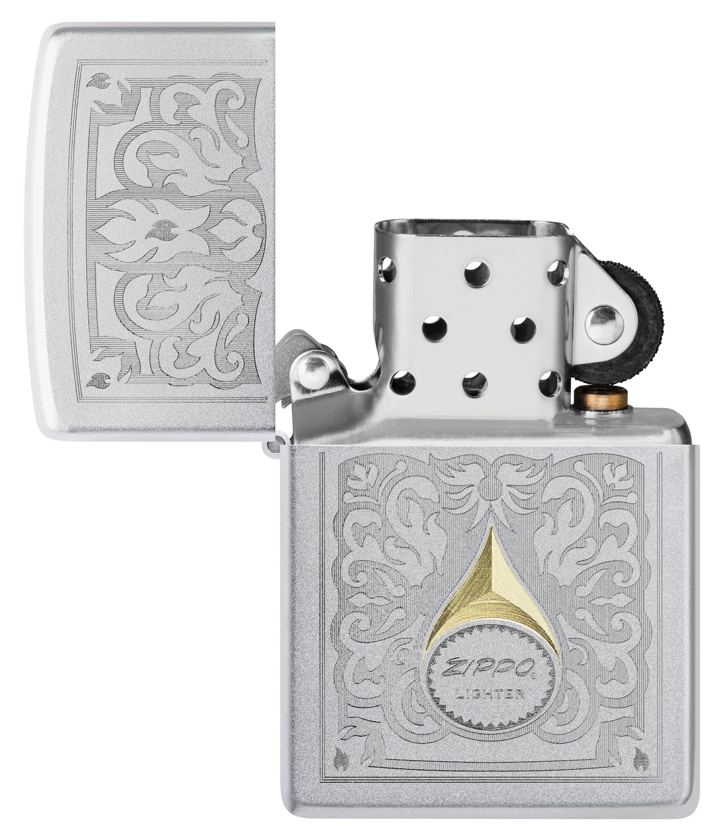 Zippo Vintage Filigree Design Satin Chrome Windproof Lighter with its lid open and unlit.