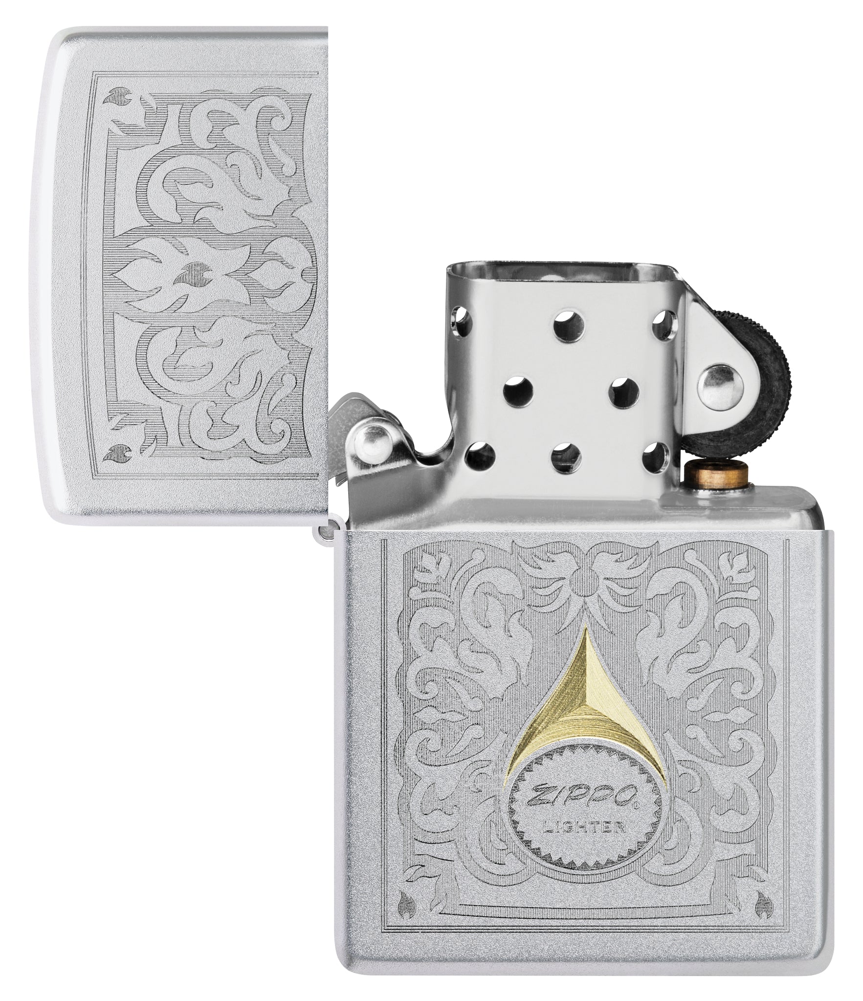 Zippo Vintage Filigree Design Satin Chrome Windproof Lighter with its lid open and unlit.