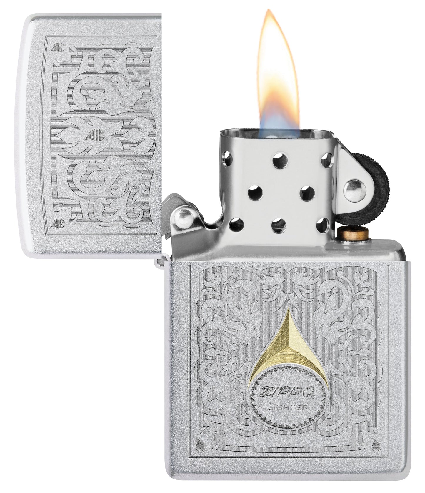 Zippo Vintage Filigree Design Satin Chrome Windproof Lighter with its lid open and lit.