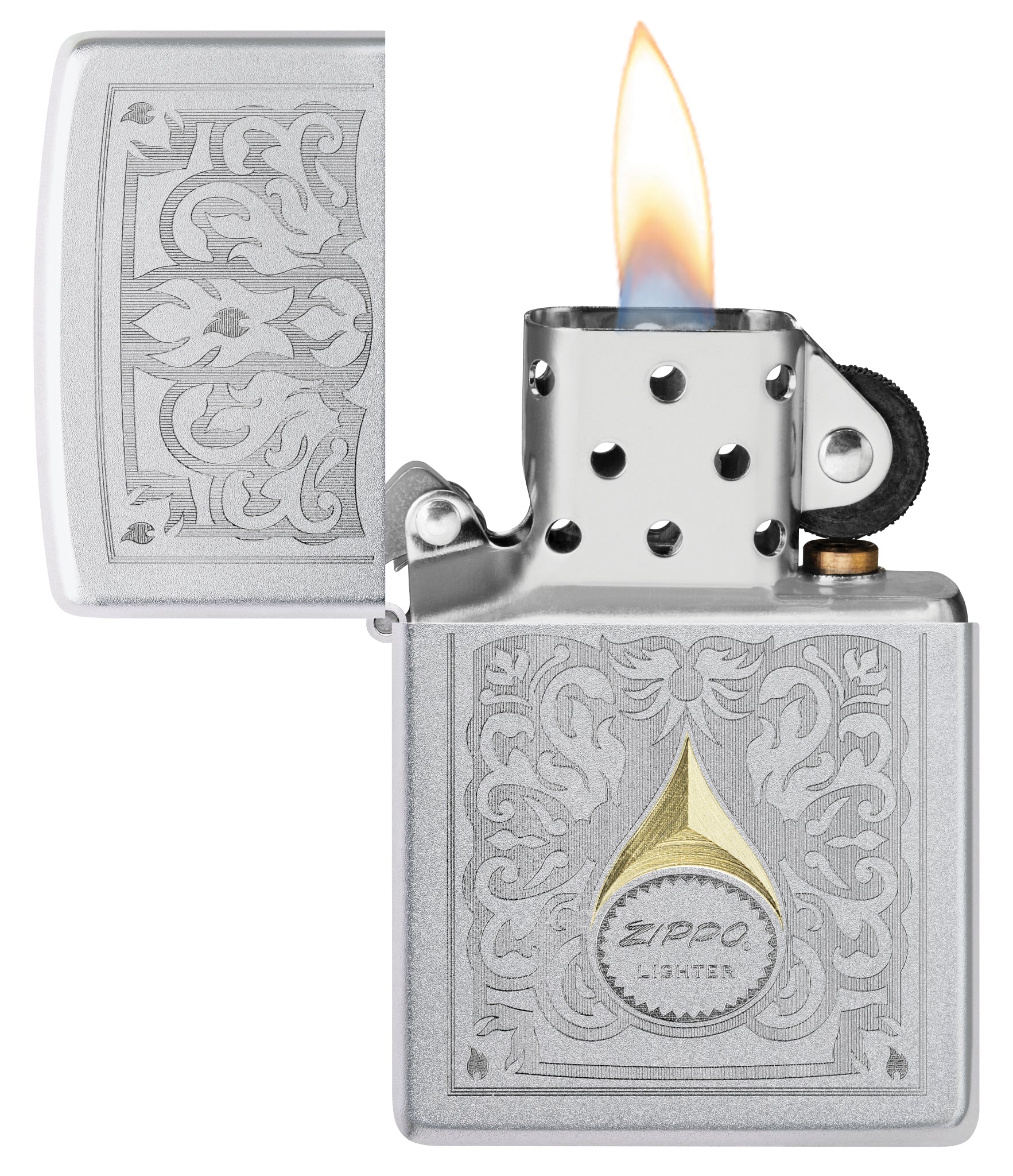 Zippo Vintage Filigree Design Satin Chrome Windproof Lighter with its lid open and lit.