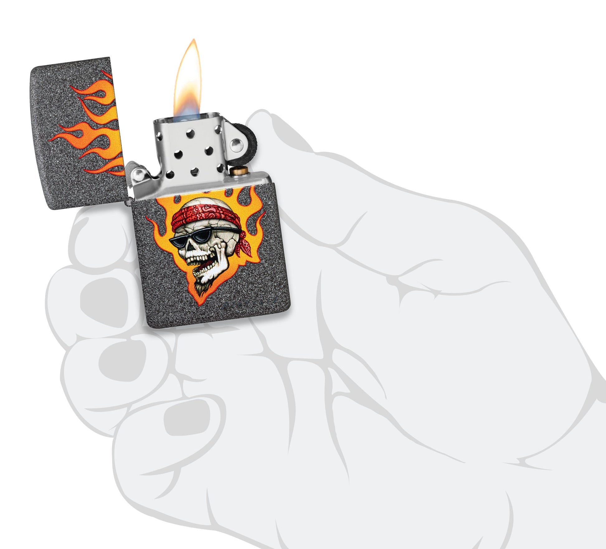 Zippo Rietveld Flaming Skull Design Iron Stone Windproof Lighter lit in hand.