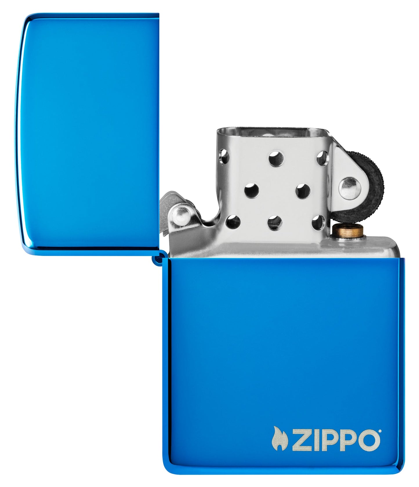 Classic High Polish Blue Zippo Logo Windproof Lighter with its lid open and unlit.