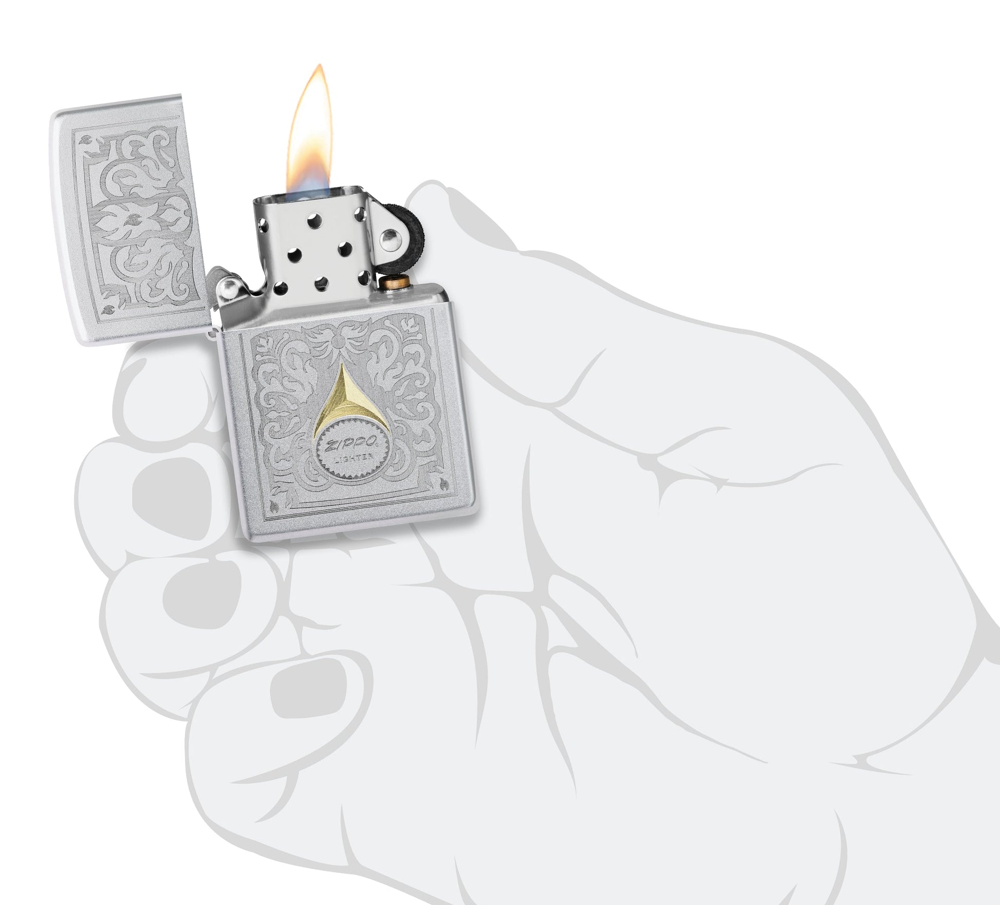 Zippo Vintage Filigree Design Satin Chrome Windproof Lighter lit in hand.