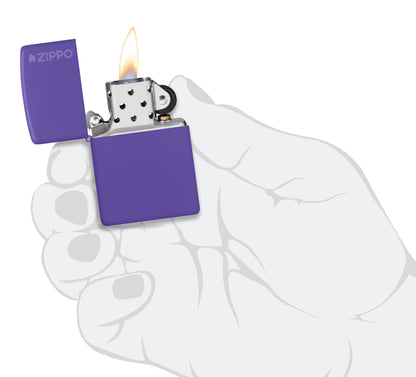 Classic Purple Matte Zippo Logo Windproof Lighter lit in hand.