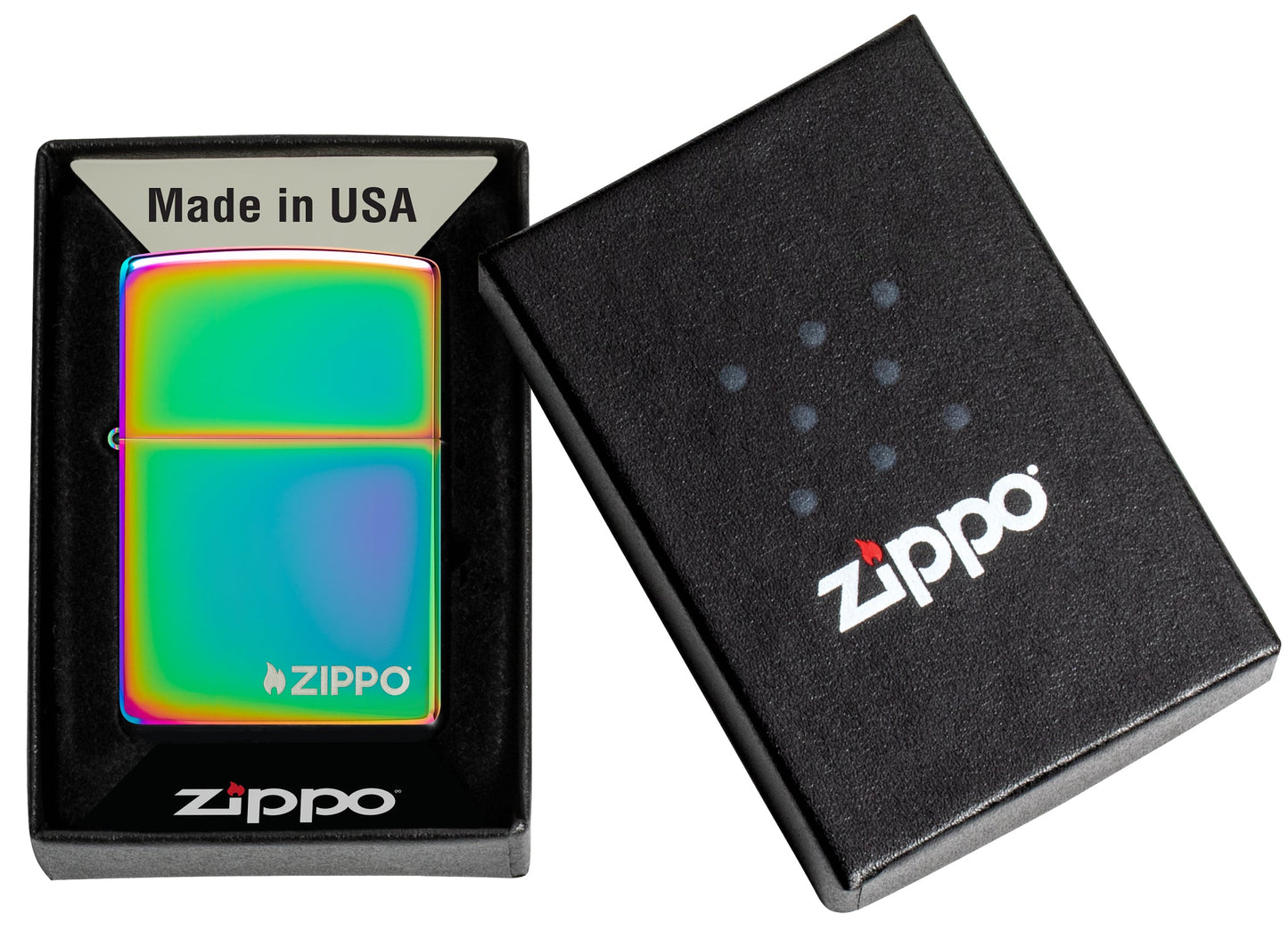 Classic Multi Color Zippo Logo Windproof Lighter in its packaging.