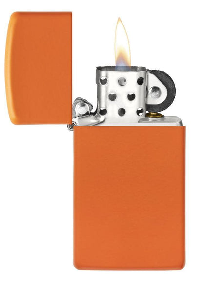 SlimÂ® Orange Matte Windproof Lighter open and lit