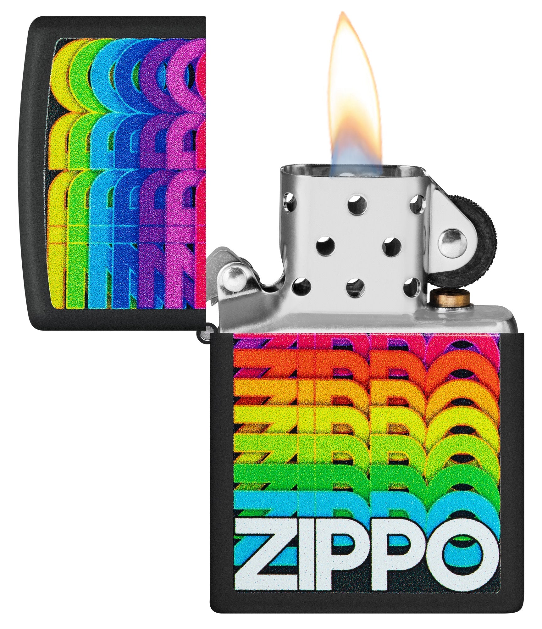 Zippo Techno Design Black Matte Windproof Lighter with its lid open and lit.