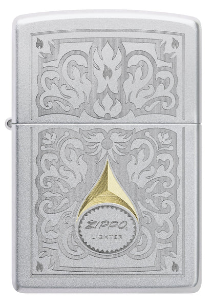 Front view of Zippo Vintage Filigree Design Satin Chrome Windproof Lighter.