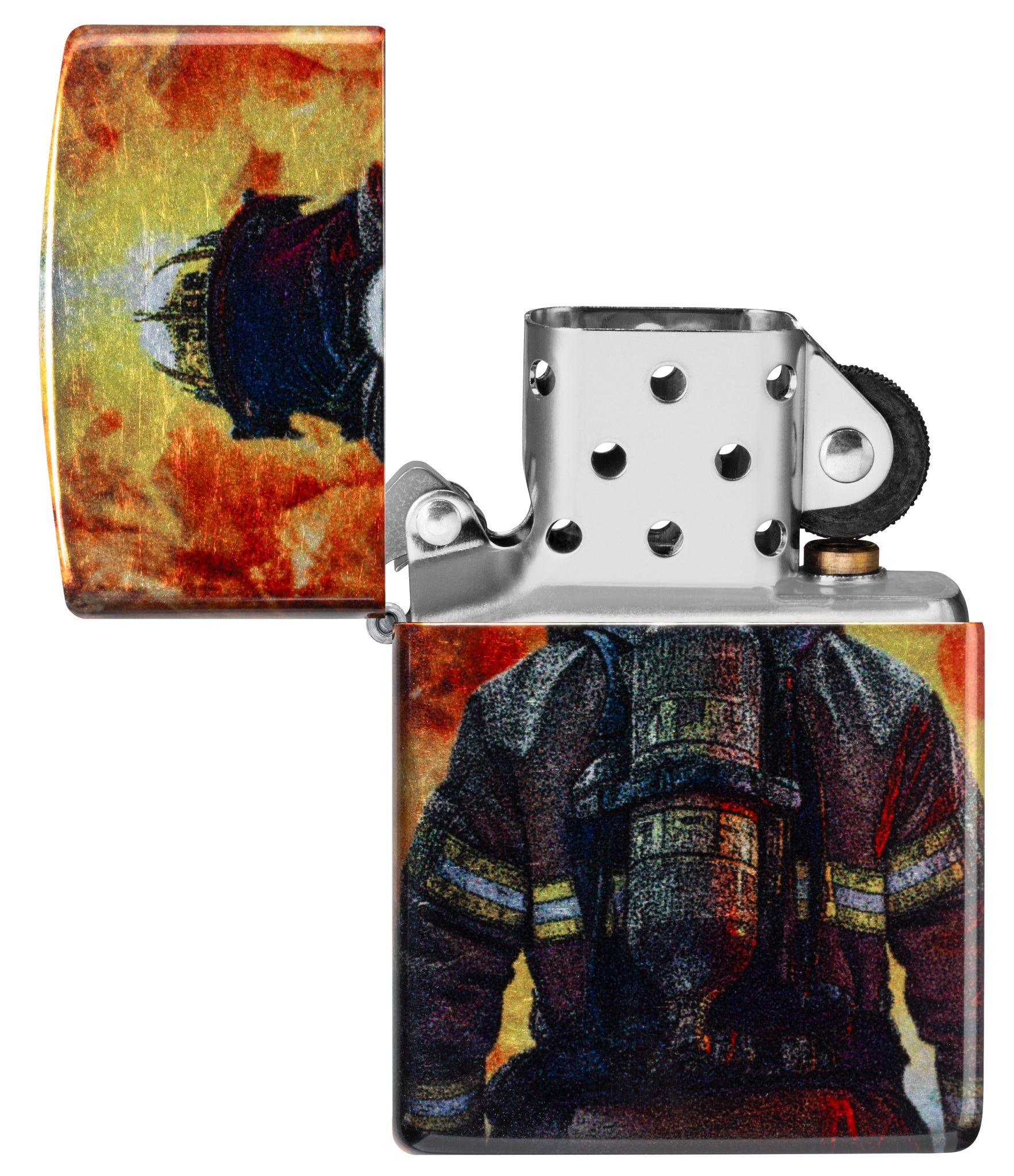 Zippo Firefighter Fusion Design 540 Tumbled Chrome Windproof Lighter with its lid open and unlit.