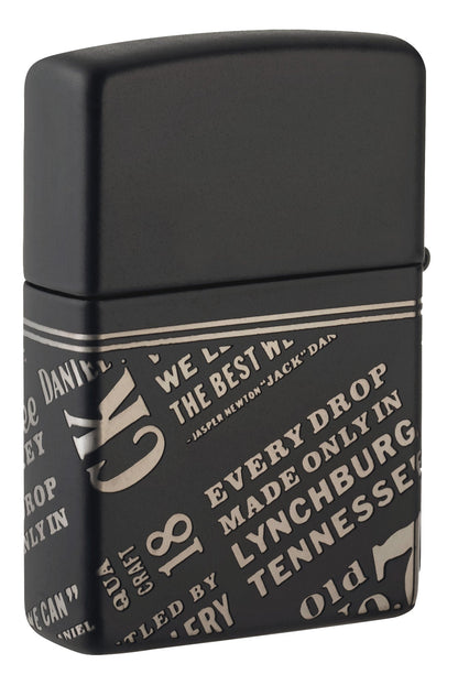 Back shot of Zippo Jack Daniel'sÂ® Every Drop Design Regular Media Chrome Black Matte Windproof Lighter standing at a 3/4 angle.