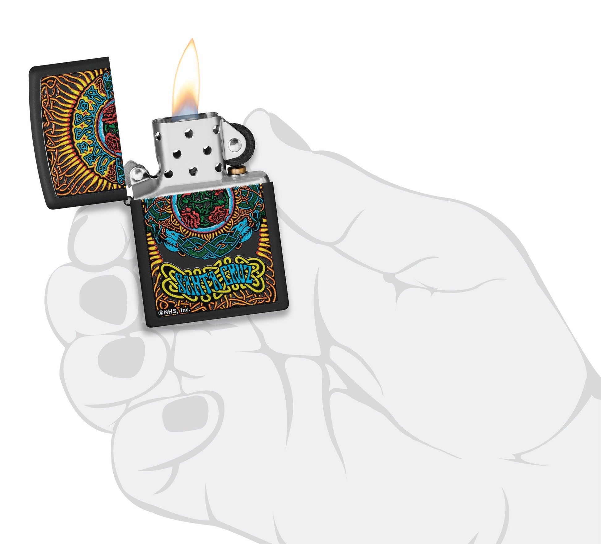 Zippo Santa Cruz Black Matte Windproof Lighter lit in hand.
