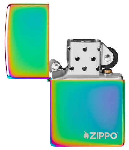 Classic Multi Color Zippo Logo Windproof Lighter with its lid open and unlit.