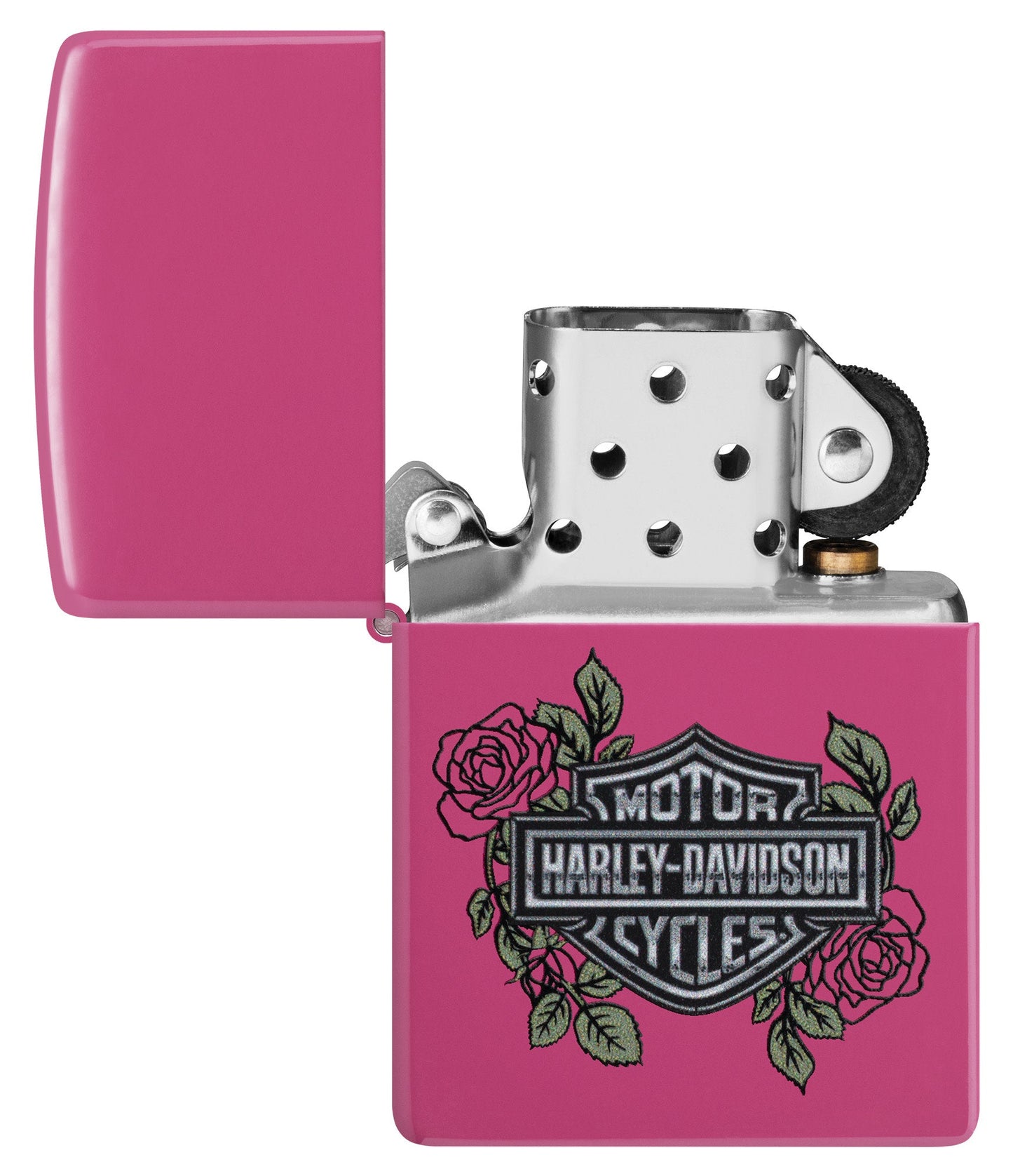 Zippo Harley-DavidsonÂ® Roses Frequency Windproof Lighter with its lid open and unlit.