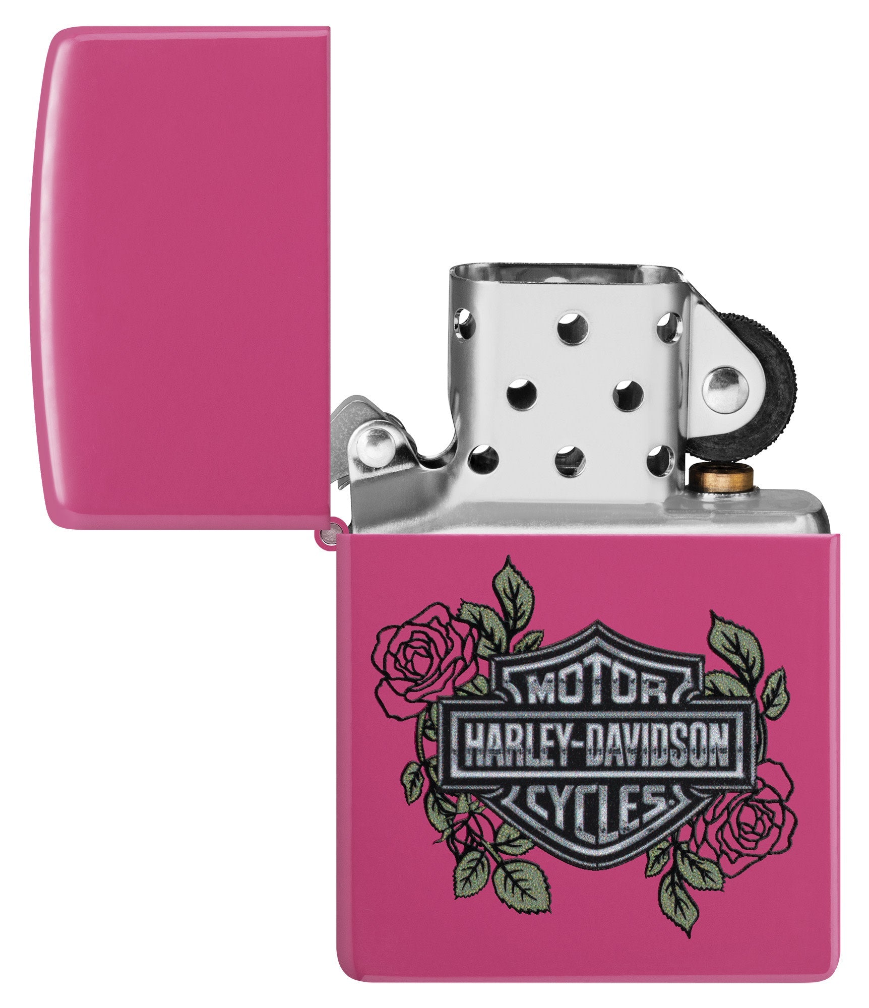 Zippo Harley-DavidsonÂ® Roses Frequency Windproof Lighter with its lid open and unlit.