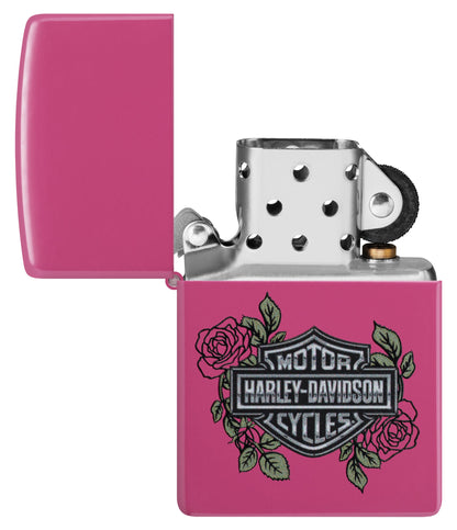 Zippo Harley-DavidsonÂ® Roses Frequency Windproof Lighter with its lid open and unlit.