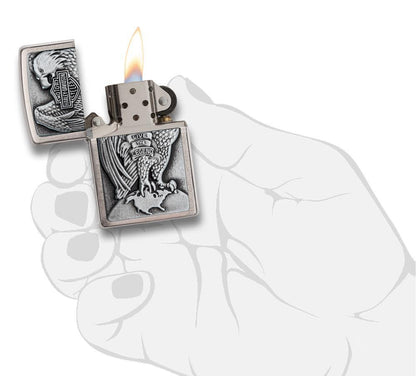Front view of the Harley-Davidson Majestic Eagle Lighter  in hand, open and lit 