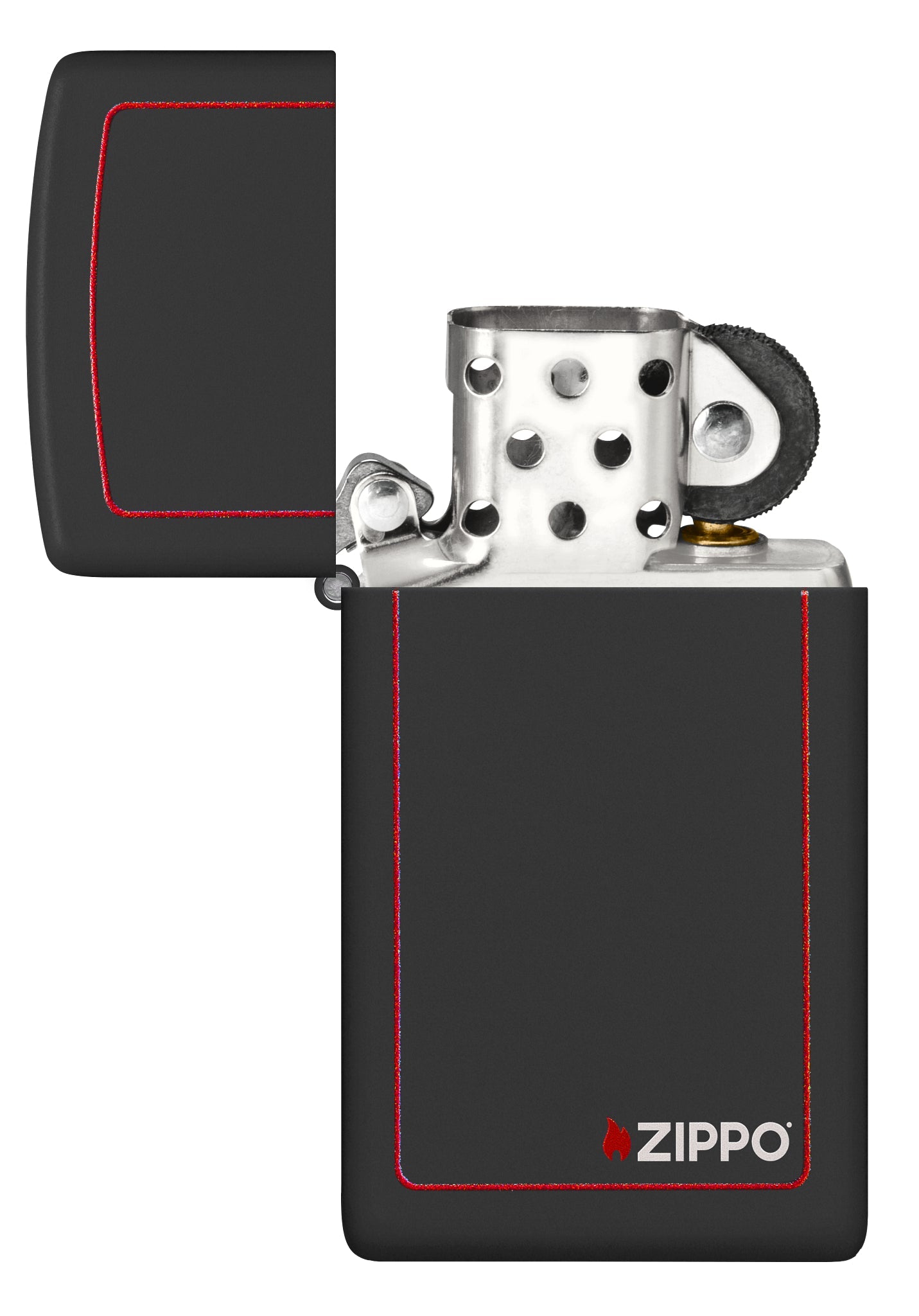 Slim® Black Matte with Red Border Zippo Logo Windproof Lighter with its lid open and unlit.