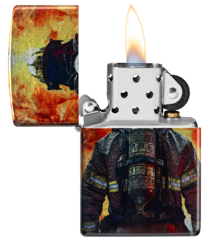 Zippo Firefighter Fusion Design 540 Tumbled Chrome Windproof Lighter with its lid open and lit.