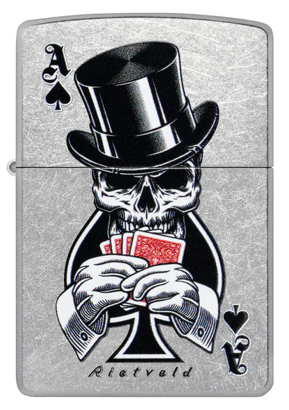 Front view of Zippo Rietveld Ace of Spades Design Street Chrome Windproof Lighter.