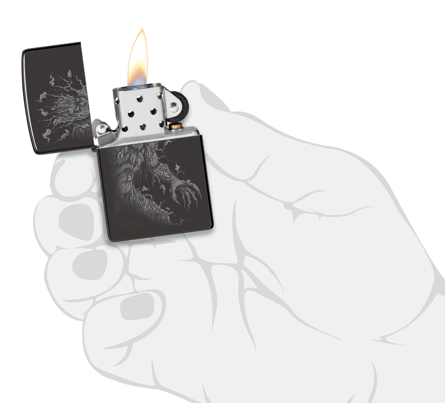 Zippo Root of All Evil Design High Polish Black Windproof Lighter lit in hand.