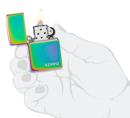 Classic Multi Color Zippo Logo Windproof Lighter lit in hand.