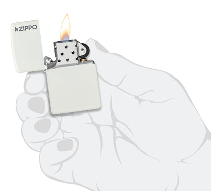 Classic White Matte Zippo Logo Windproof Lighter lit in hand.