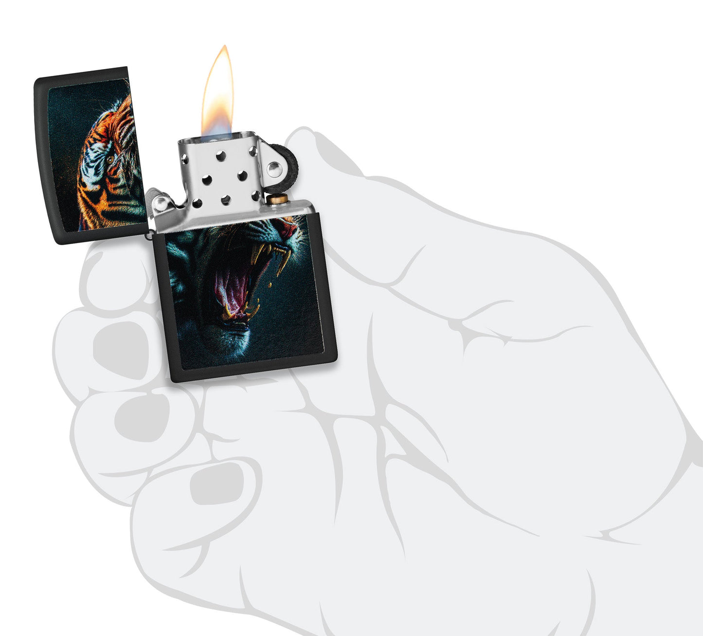 Zippo Tiger Roar Design Black Matte Windproof Lighter lit in hand.