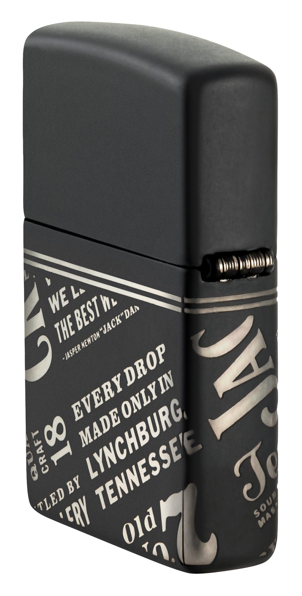 Angled shot of Zippo Jack Daniel'sÂ® Every Drop Design Regular Media Chrome Black Matte Windproof Lighter showing the back and hinge side of the lighter.