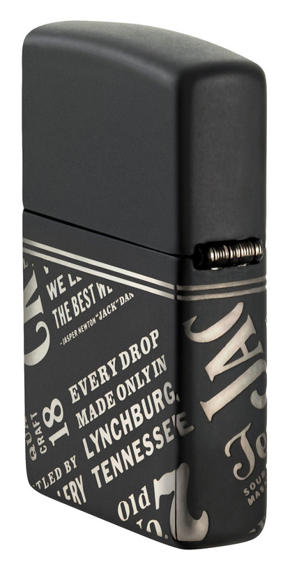 Angled shot of Zippo Jack Daniel'sÂ® Every Drop Design Regular Media Chrome Black Matte Windproof Lighter showing the back and hinge side of the lighter.