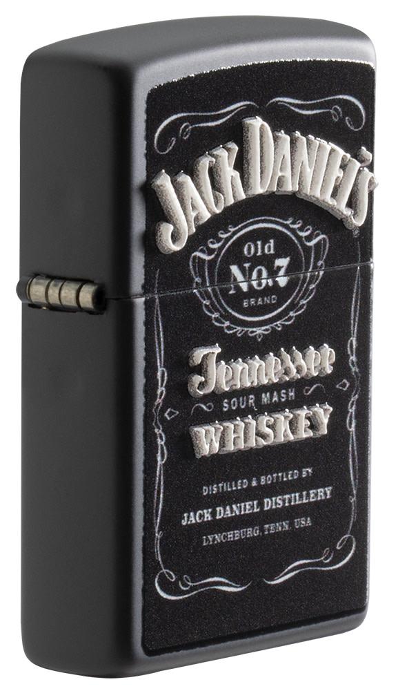 Angle shot of Jack Daniel'sÂ® Texture Print Black Matte Windproof Lighter showing the texture print process
