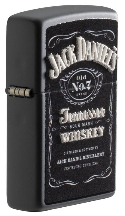 Angle shot of Jack Daniel'sÂ® Texture Print Black Matte Windproof Lighter showing the texture print process