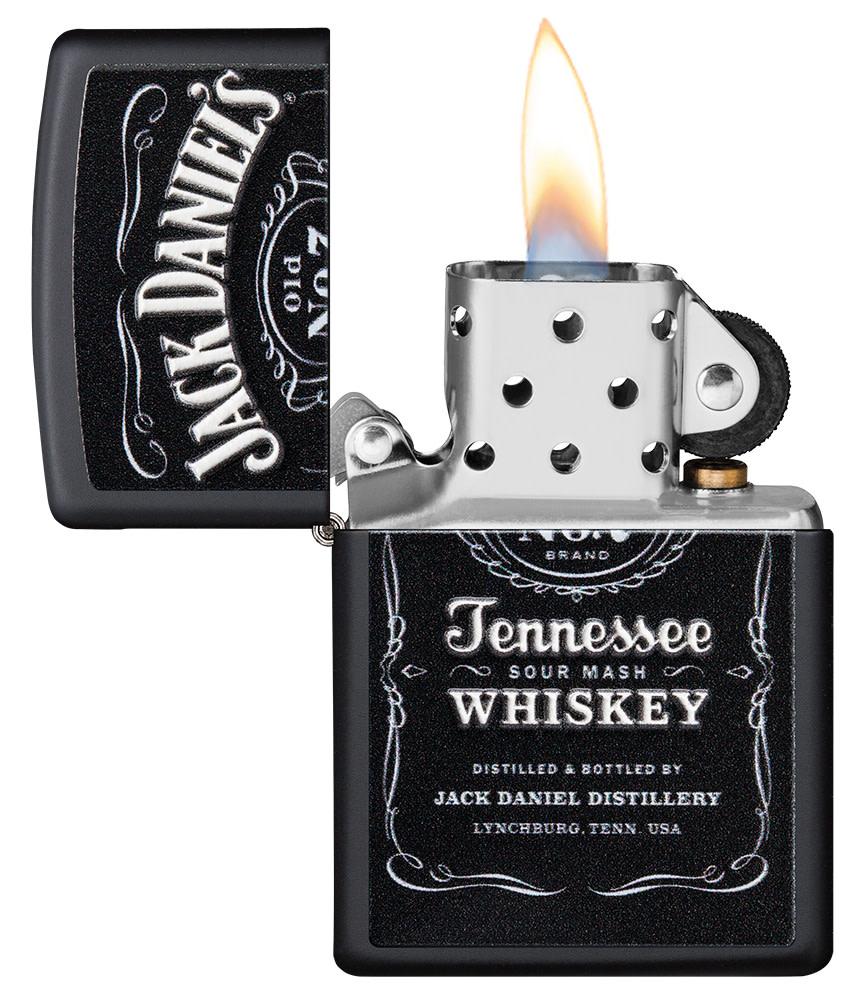 Jack Daniel'sÂ® Texture Print Black Matte Windproof Lighter with its lid open and lit