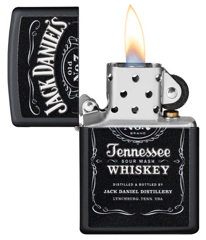 Jack Daniel'sÂ® Texture Print Black Matte Windproof Lighter with its lid open and lit