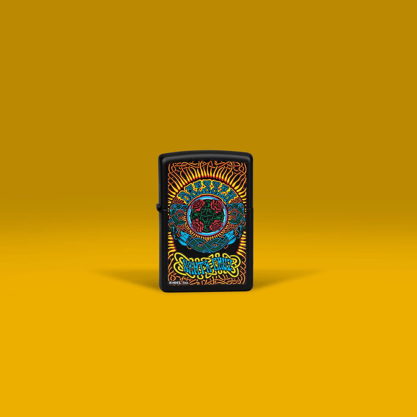 Lifestyle image of Zippo Santa Cruz Black Matte Windproof Lighter standing in a yellow scene.