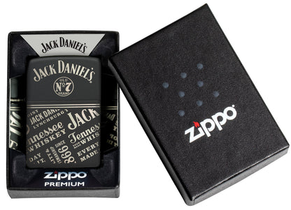 Zippo Jack Daniel'sÂ® Every Drop Design Regular Media Chrome Black Matte Windproof Lighter in its packaging.