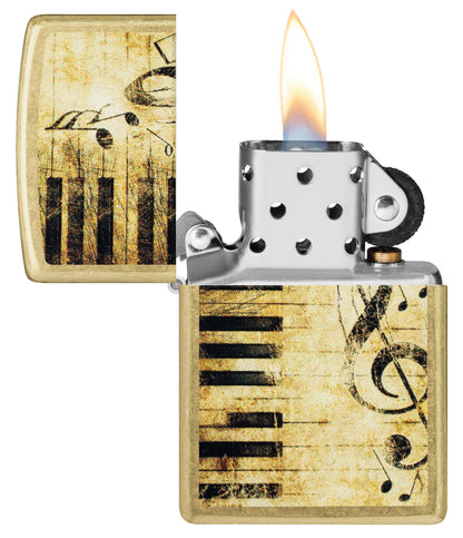 Zippo Nothing but Treble Design Street Brass Windproof Lighter with its lid open and lit.