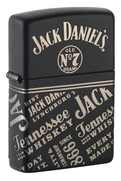 Front shot of Zippo Jack Daniel'sÂ® Every Drop Design Regular Media Chrome Black Matte Windproof Lighter standing at a 3/4 angle.