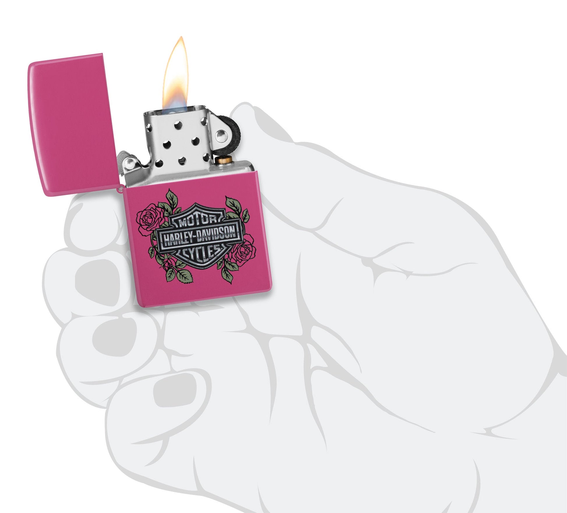 Zippo Harley-DavidsonÂ® Roses Frequency Windproof Lighter lit in hand.