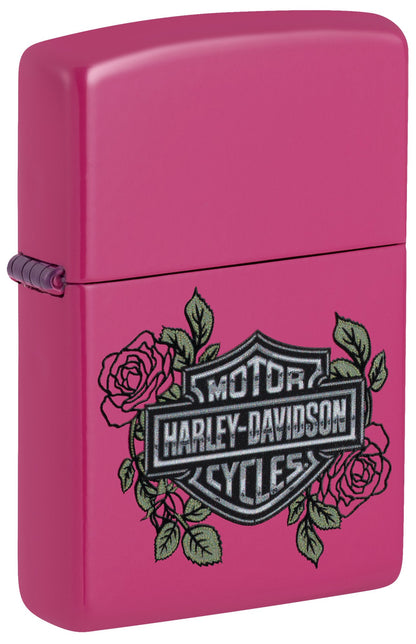 Front shot of Zippo Harley-DavidsonÂ® Roses Frequency Windproof Lighter standing at a 3/4 angle.