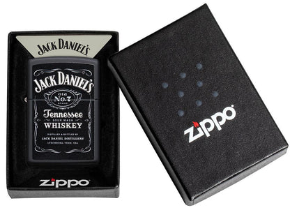 Jack Daniel'sÂ® Texture Print Black Matte Windproof Lighter in its packaging