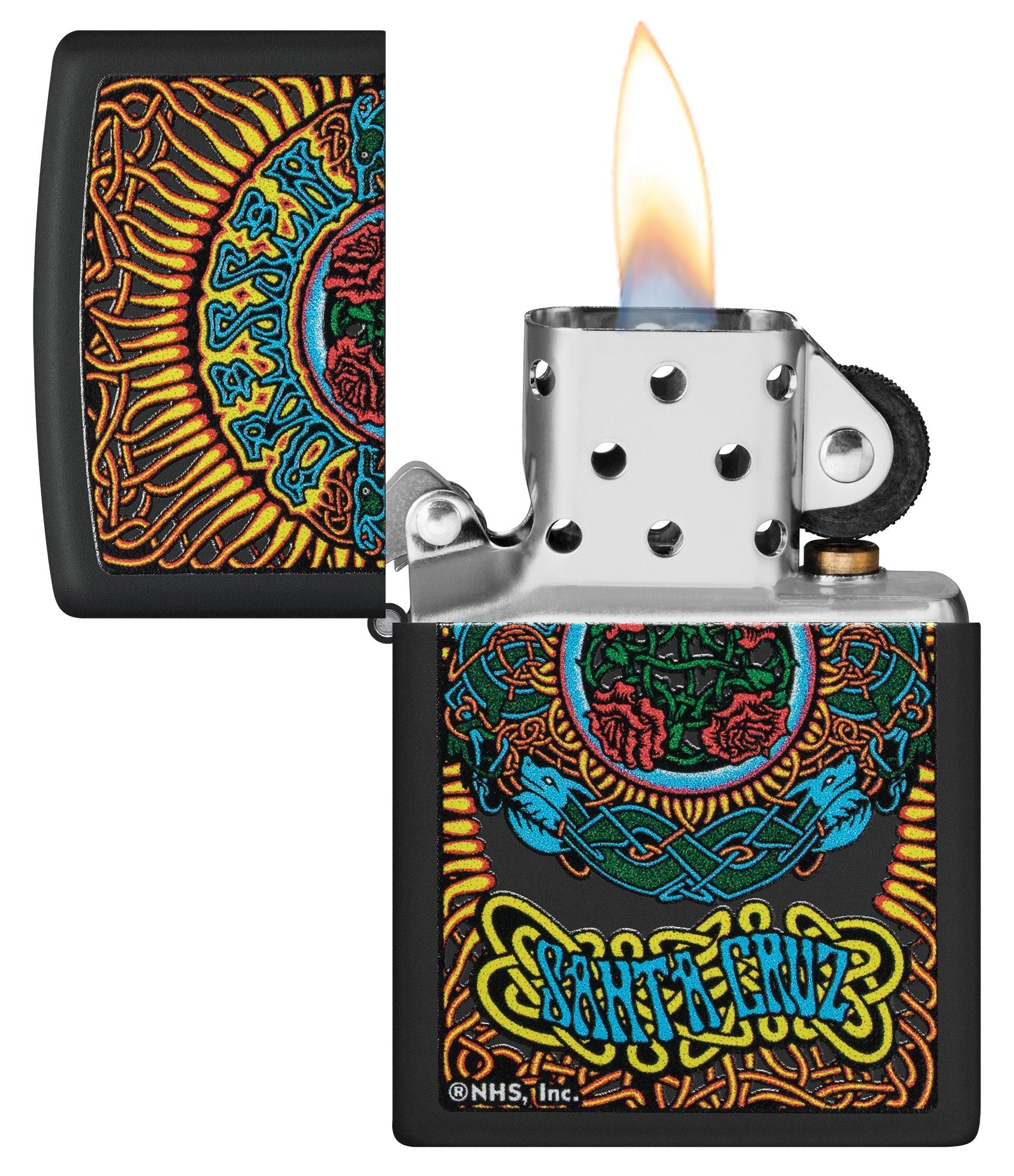 Zippo Santa Cruz Black Matte Windproof Lighter with its lid open and lit.