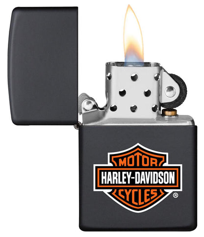 Harley-Davidson Black Matte Windproof Lighter open and lit