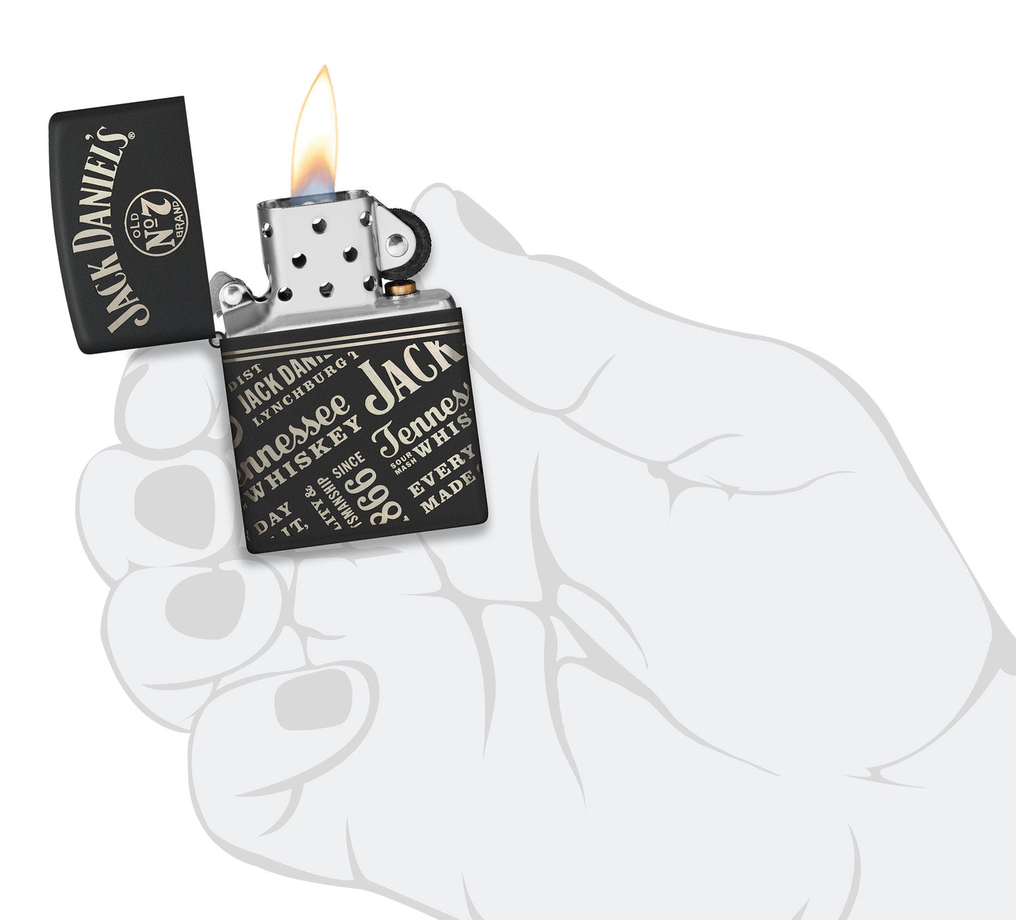 Zippo Jack Daniel'sÂ® Every Drop Design Regular Media Chrome Black Matte Windproof Lighter lit in hand.