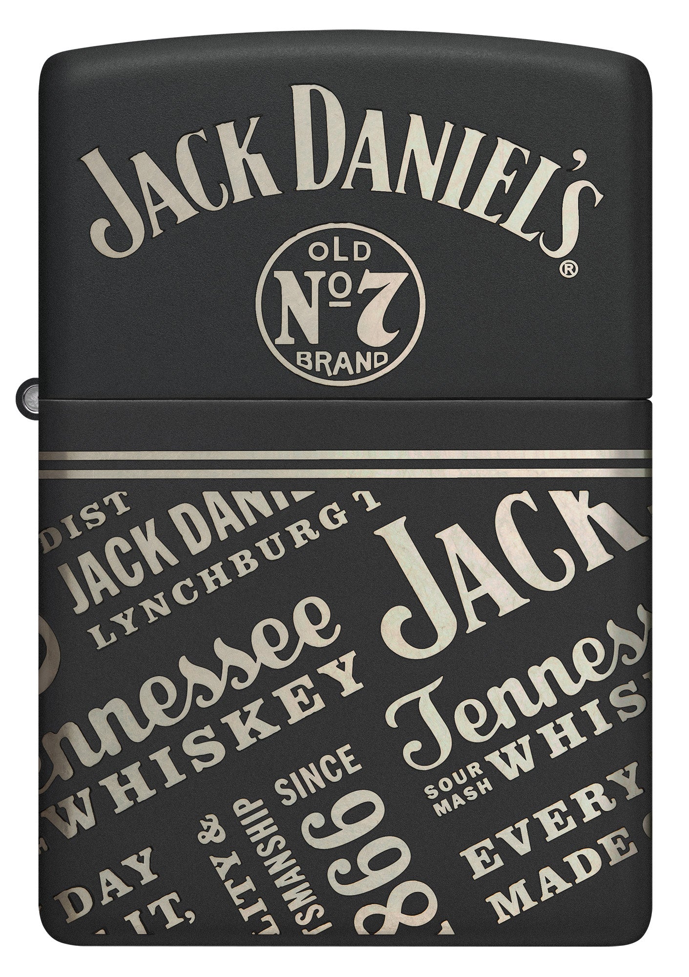 Front view of Zippo Jack Daniel'sÂ® Every Drop Design Regular Media Chrome Black Matte Windproof Lighter.